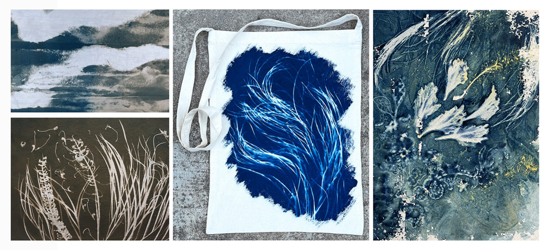 4 small images within a wide banner. 2 images on the left are horizontal, top of a landscape impression, bottom of a plant imprint white shape on brown. center image of a calico bag with a blue print on it, righ image of plant and object imprints on blue background