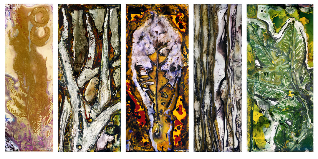 Five botanical clolourful vertical artworks next to each other