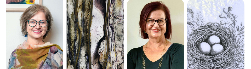 4 images: a woman's portrait, abstract artwork with organic vertical lines, another woman's portrait, a drawing of a nest and 3 eggs